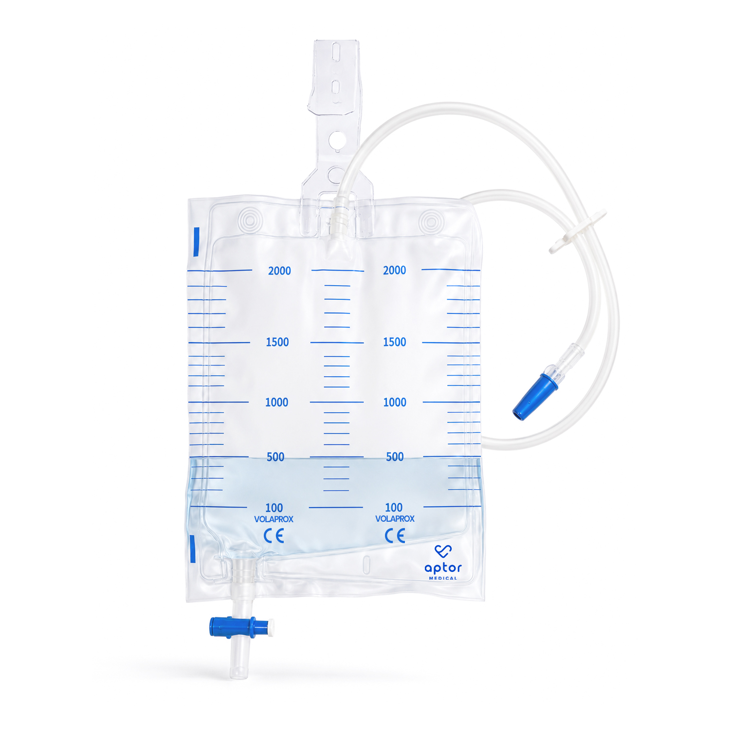 Bolsa de orina con punto de inyección, con grifo en T, Valvula Antirretorno, clamp Estéril APTOR MEDICAL - Caja 100 uds. Bolsa de orina con punto de inyección