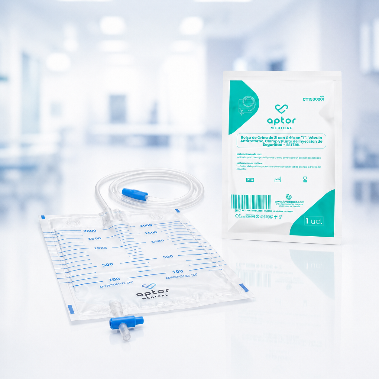 Bolsa de orina con punto de inyección, con grifo en T, Valvula Antirretorno, clamp Estéril APTOR MEDICAL