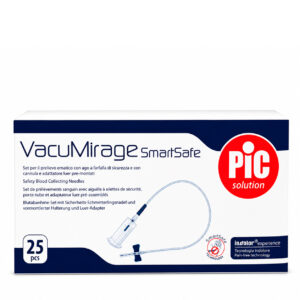 Caja de 25 unidades de agujas palomilla VacuMirage SmartSafe de Pic Solution para extracción de sangre con portatubos