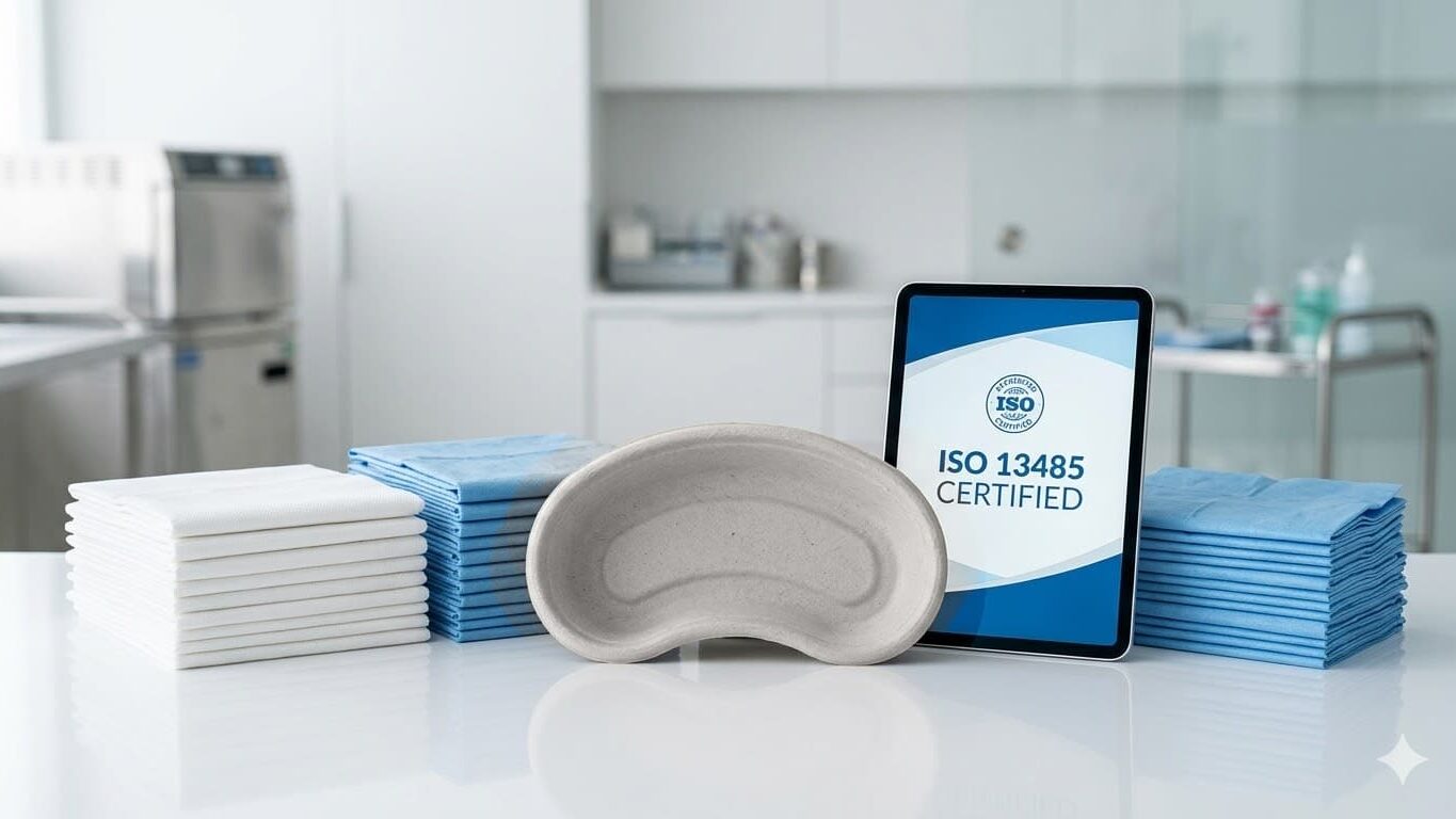 Paños desechables de polipropileno y tissue junto a batea de fibra biodegradable con certificación ISO 13485 de Juvazquez.