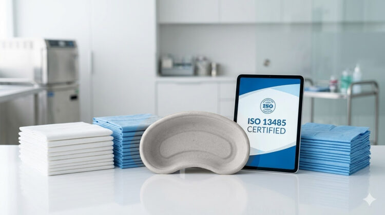 Paños desechables de polipropileno y tissue junto a batea de fibra biodegradable con certificación ISO 13485 de Juvazquez.