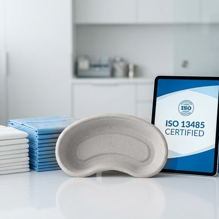Paños desechables de polipropileno y tissue junto a batea de fibra biodegradable con certificación ISO 13485 de Juvazquez.