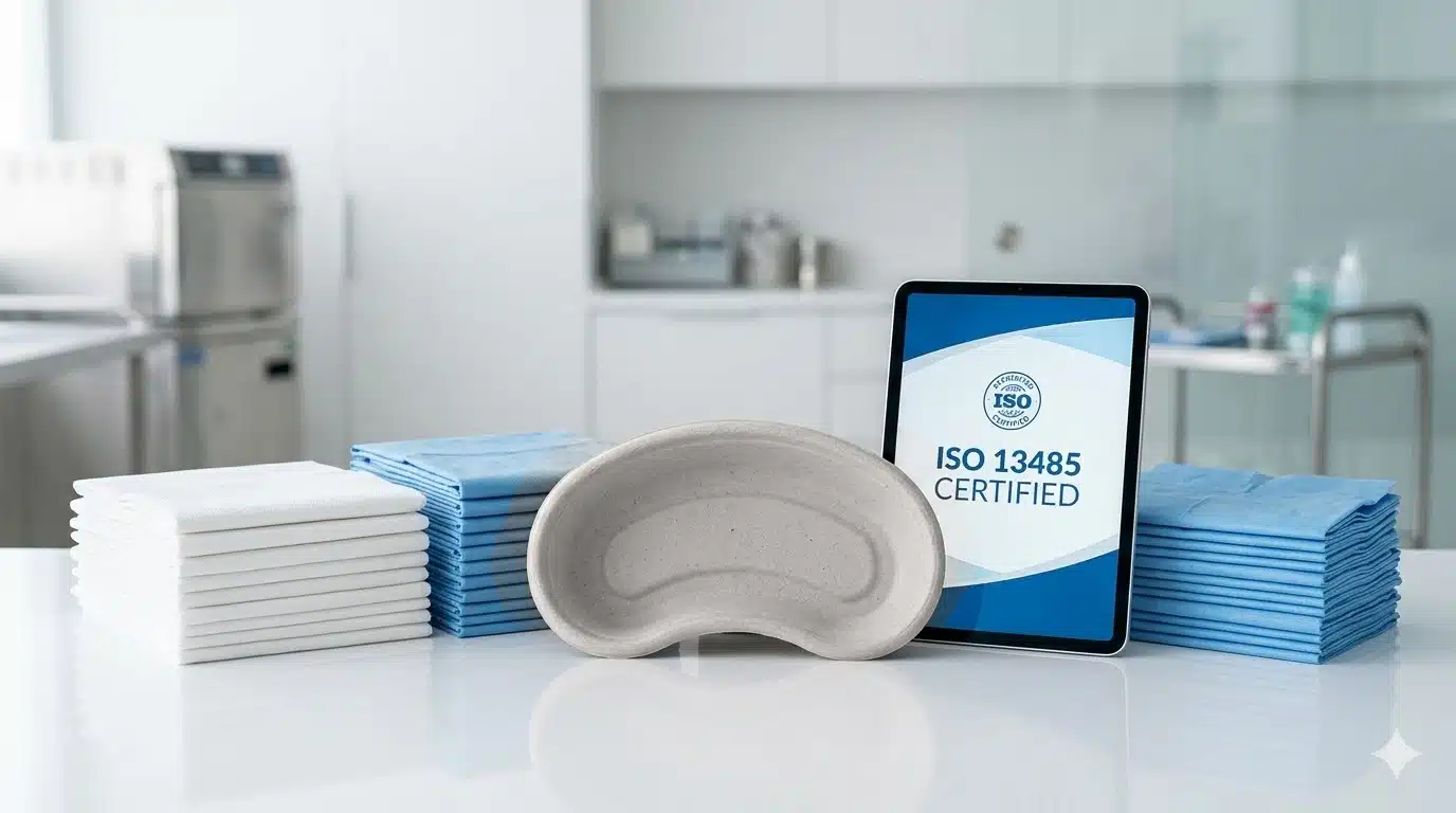 Certificación ISO 13485 en Fabricación de Material Sanitario Paños desechables de polipropileno y tissue junto a batea de fibra biodegradable con certificación ISO 13485 de Juvazquez.